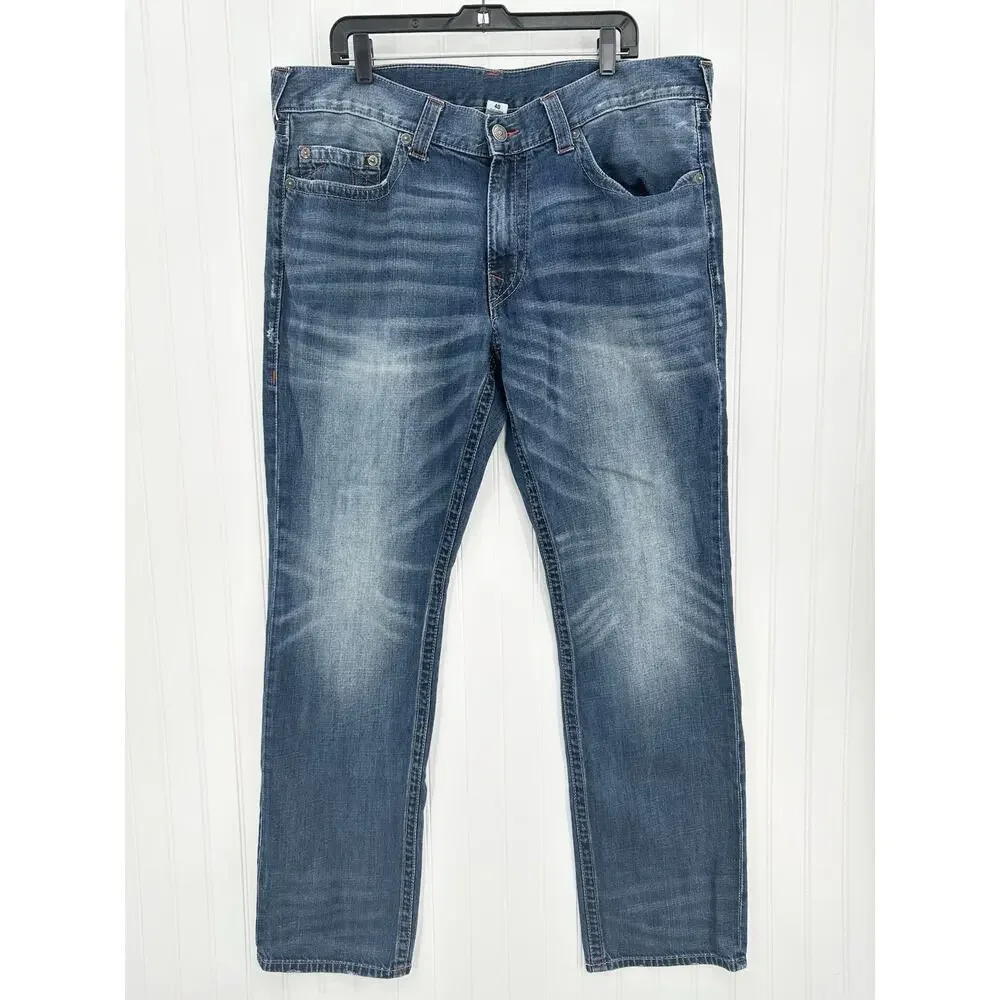 True Religion Jeans Mens 40x34 Section Straight Leg Blue Denim Distressed *Flaw